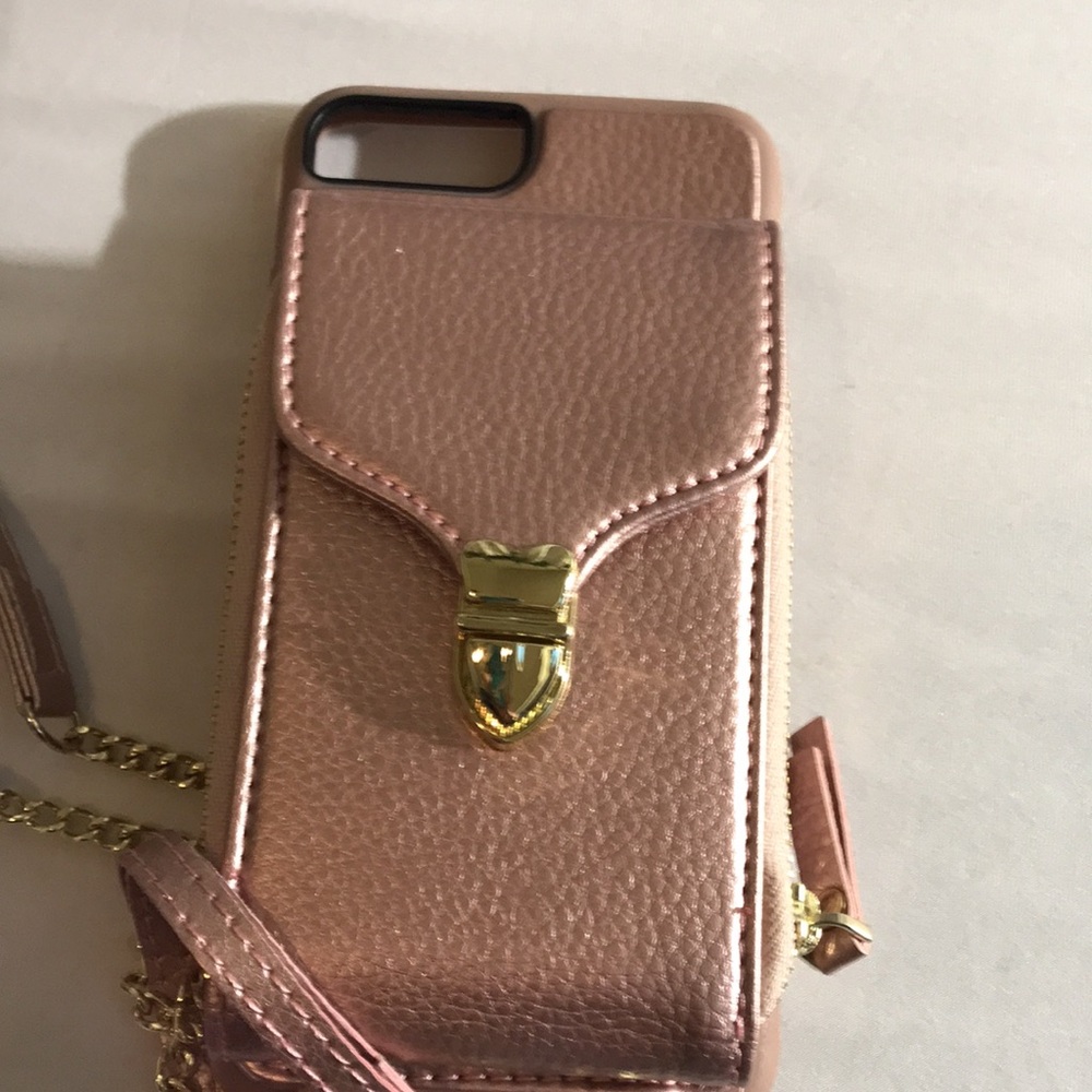iPhone 8 Plus rose gold metallic crossbody phone case & wallet NWOT